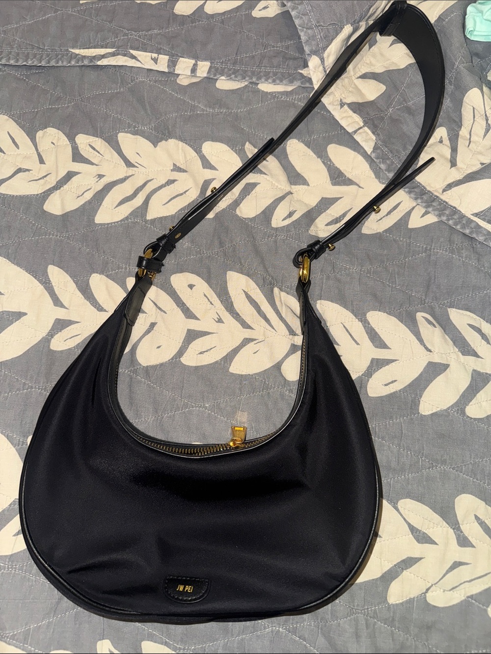 Black Crescent Shoulder Bag with Gold Hardware